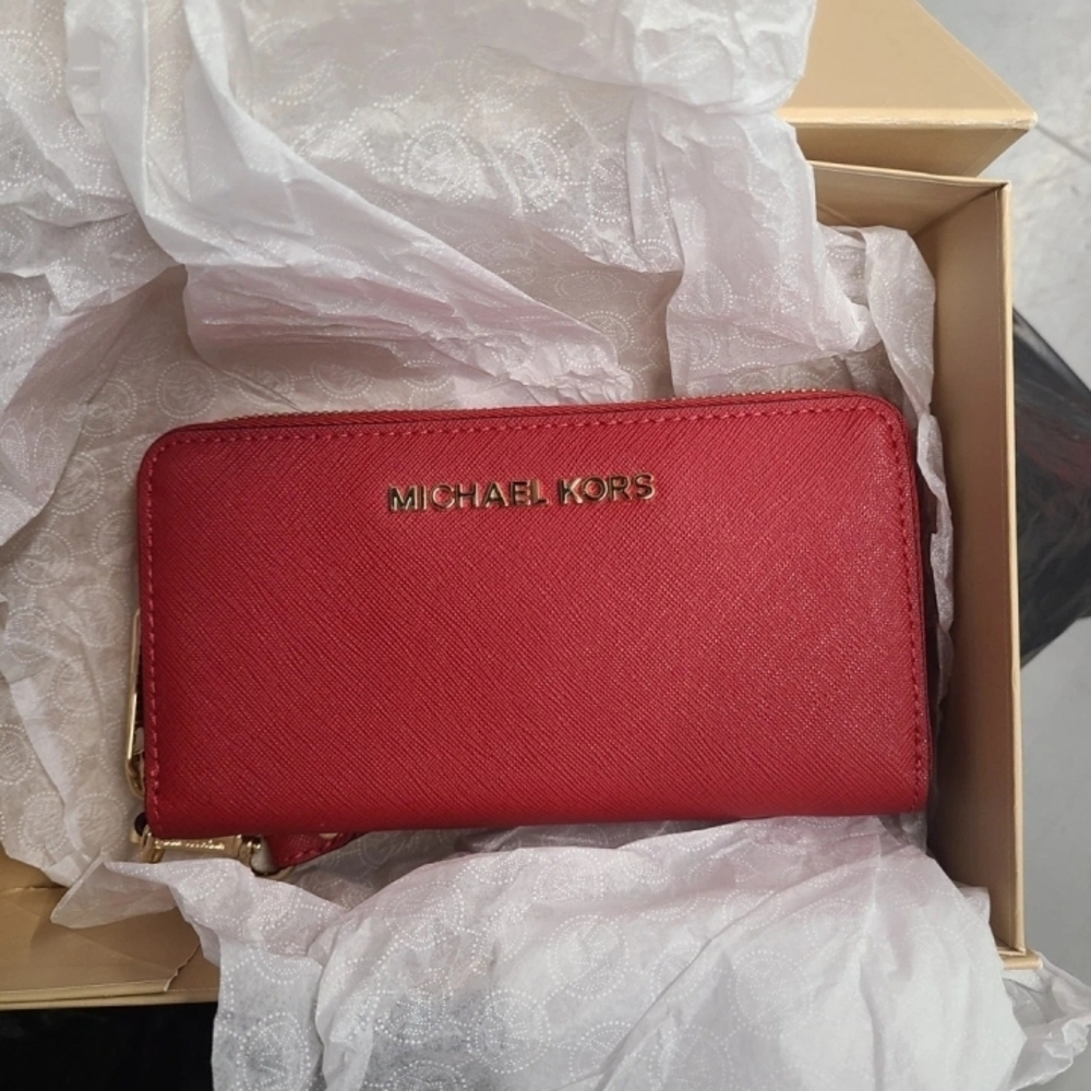 Michael Kors Red Saffiano Zip Wallet with Gold Logo
